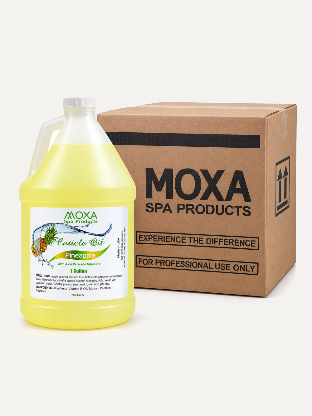 MOXA Pineapple Cuticle Oil one gallon jug and MOXA case