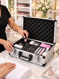 Aluminum carrying case in a professional nail salon setting