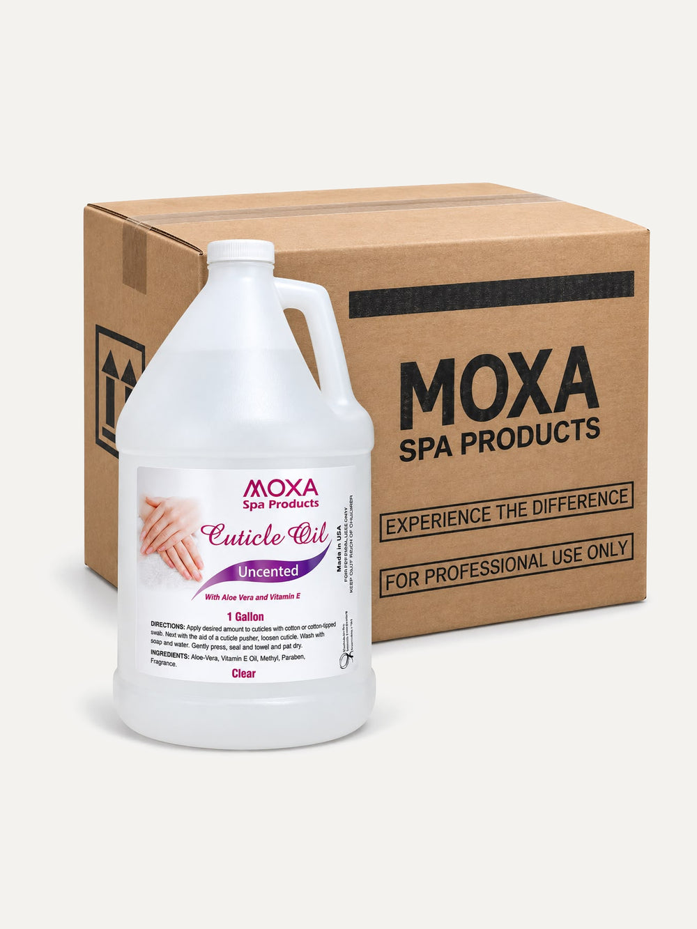 MOXA Unscented Cuticle Oil one gallon jug and MOXA case