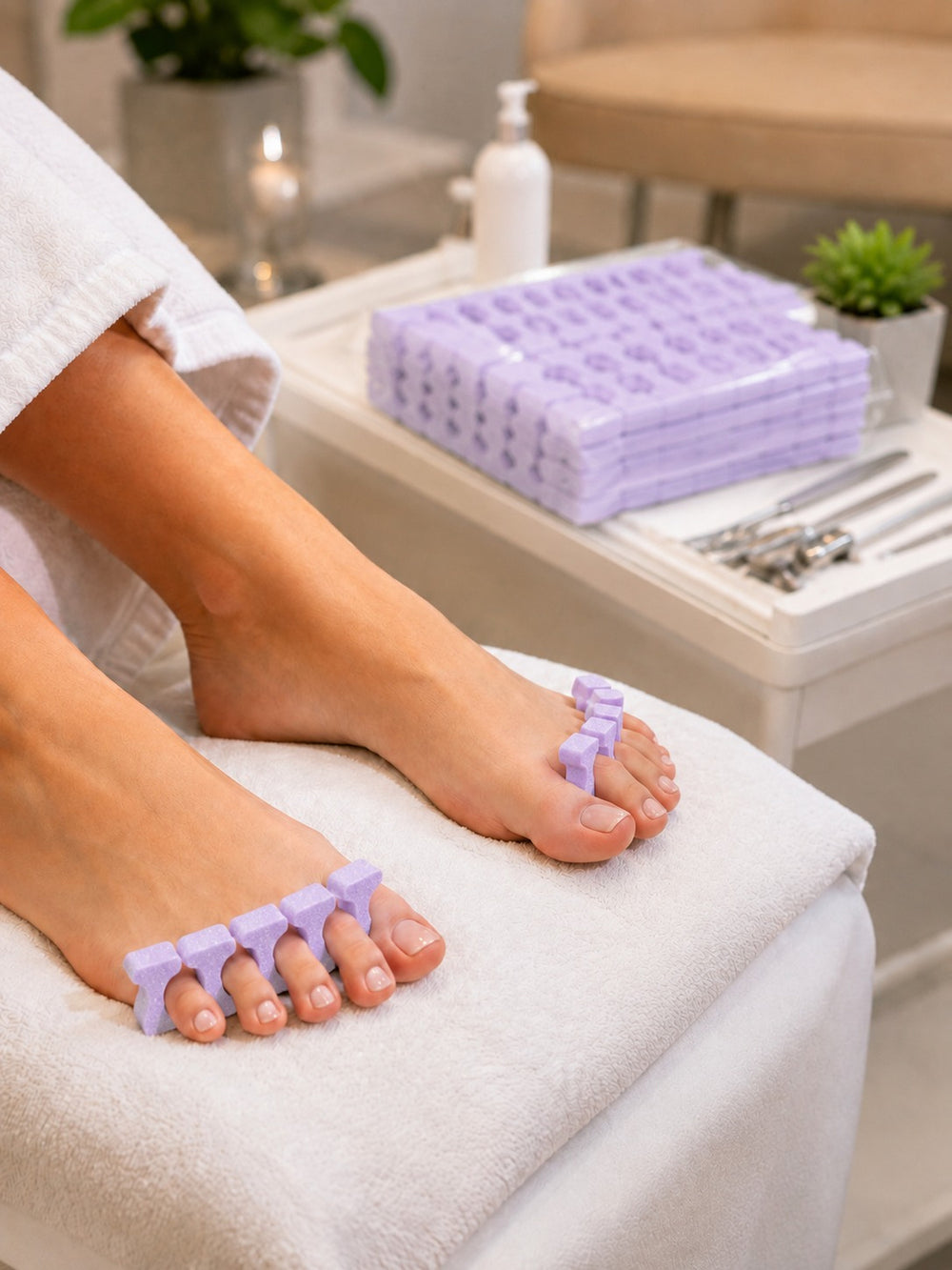 Purple Textured Foam Toe Separators TS-6 during a salon pedicure